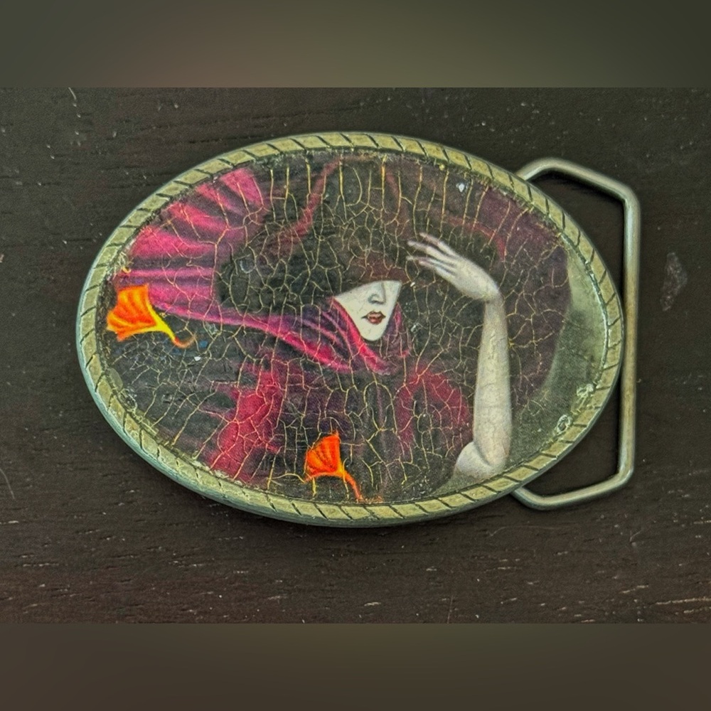Artistic Red Scarf Woman Pewter Oval Belt Buckle